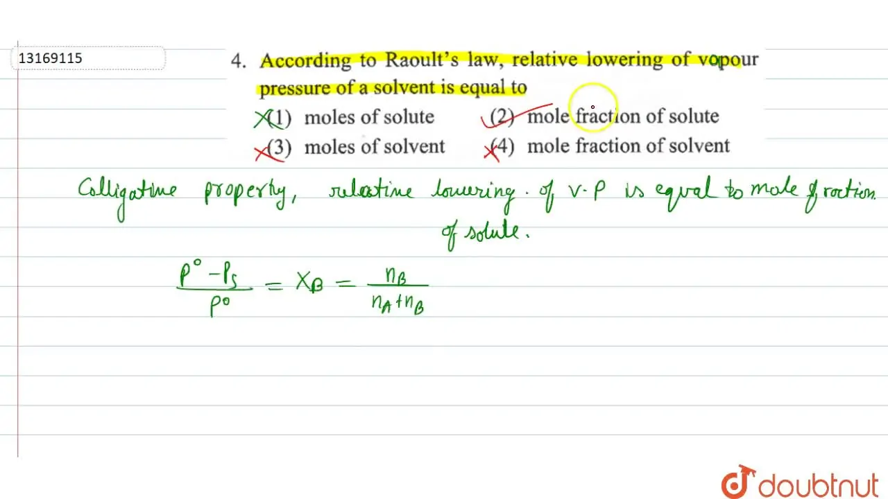 According To Raoult S Law Relative Lowering Of Vapour Pressure Of A S