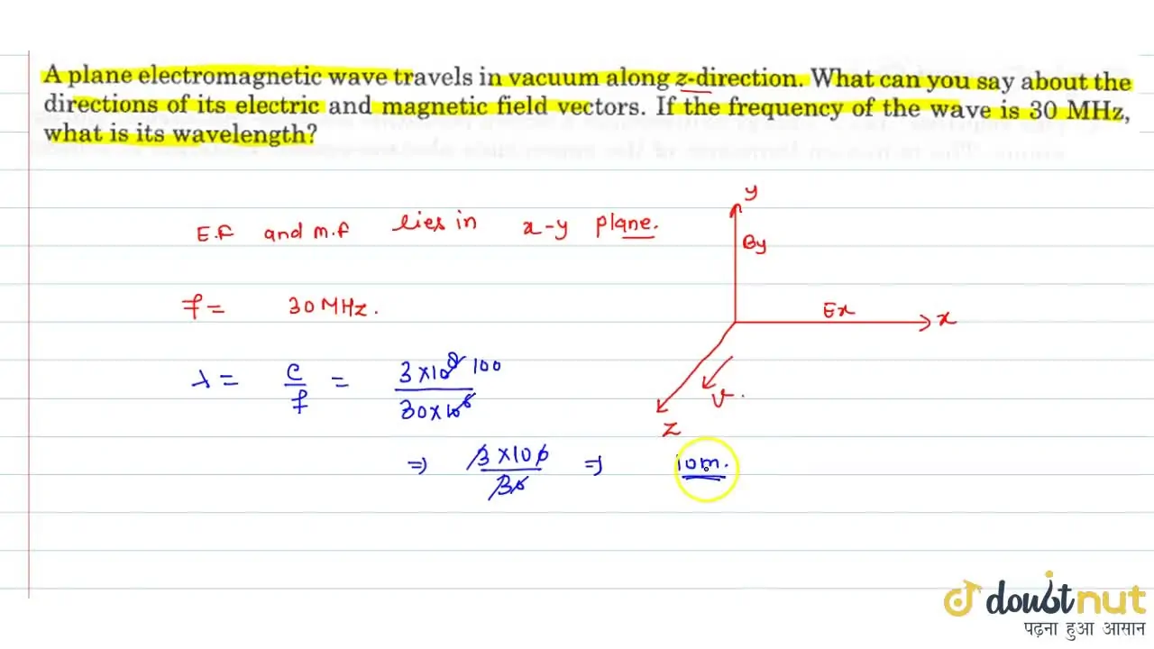 A Plane Electromagnetic Wave Travels In Vacuum Along Z Direction Wha