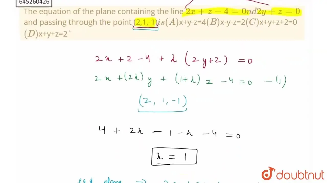 The Equation Of The Plane Containing The Line X Z Nd Y Z And P