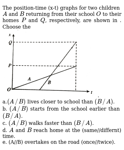 The Position Time X T Graphs For Two Children A And B Returning From Their School O To Their Homes P And Q Respectively Are Shown In Choose The Img Src D10lpgp6xz60nq Cloudfront Net Physics Images Bms V01 C04 S01 044 Q01 Png Width 80