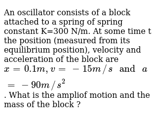 An Oscillator Consists Of A Block Attached To A Spring Of Spring Constant K 300 N M At Some Time T The Position Measured From Its Equilibrium Position Velocity And Acceleration Of The Block