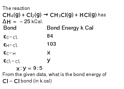 The Reaction Ch 4 G Cl 2 G Rarr Ch 3 Cl G Hcl G Has Delta H 25 Kcal Bond Bond Energy K Cal Epsi C Cl 84 Epsi H Cl 103 Epsi C H X Epsi Cl Cl Y X