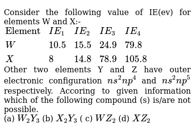 Consider The Following Value Of Ie Ev For Elements W And X Element Ie 1 Ie 2 Ie 3 Ie 4 W 10 5 15 5 24 9 79 8 X 8 14 8 78 9 105 8 Other Two Elements Y And Z Have Outer Electronic Configuration Ns 2 Np 4 And Ns 2 Np 5