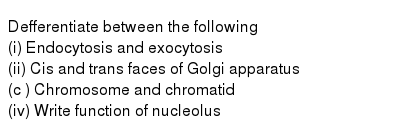 Differentiate Between The Following I Endocytosis And Exocytosis Ii Cis And Trans Faces Of Golgi Apparatus C Chromosome And Chromatid Iv Write Function Of Nucleolus