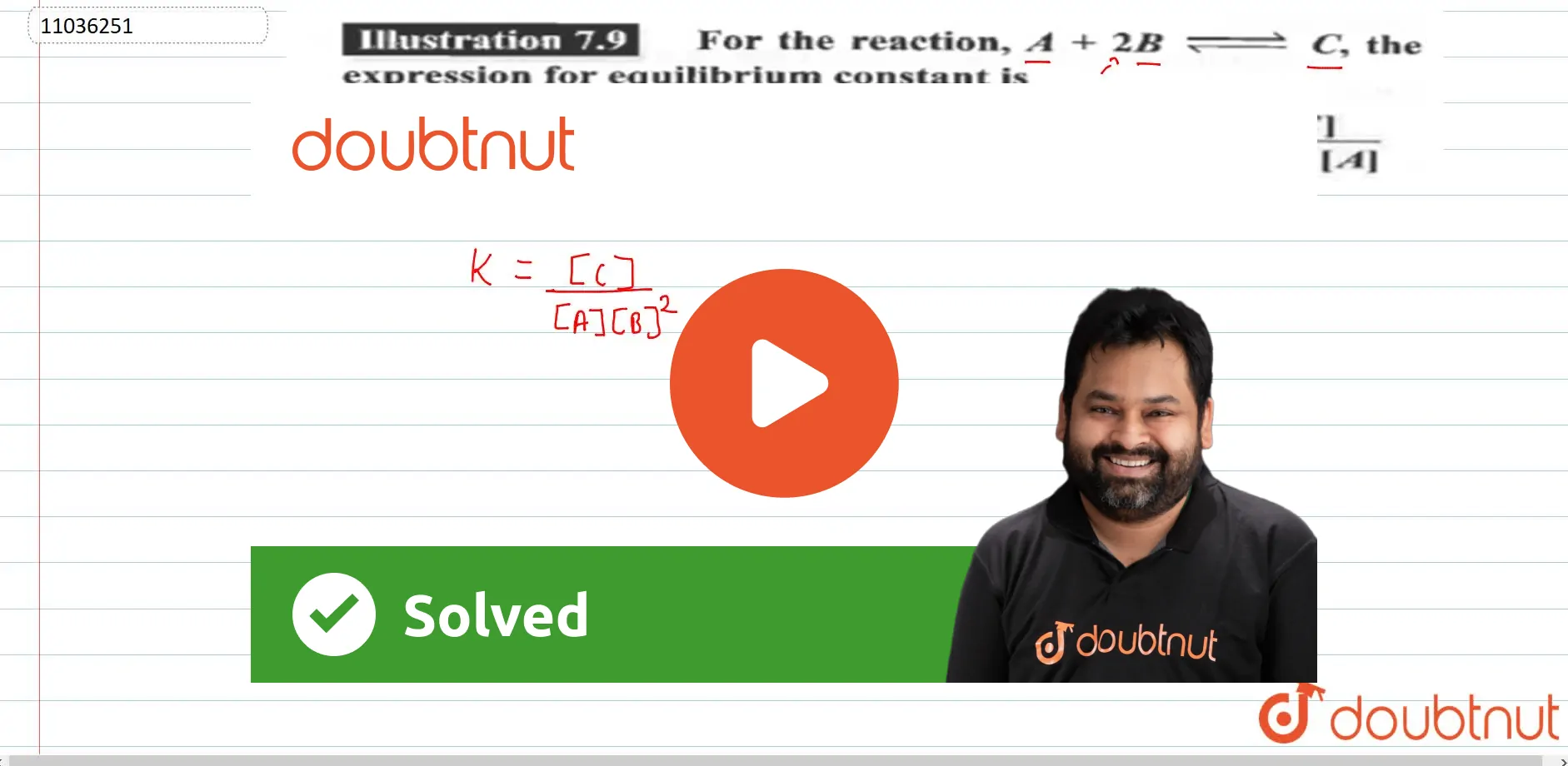 For the reaction, A+2B hArr C, the expession for equilibrium constant
