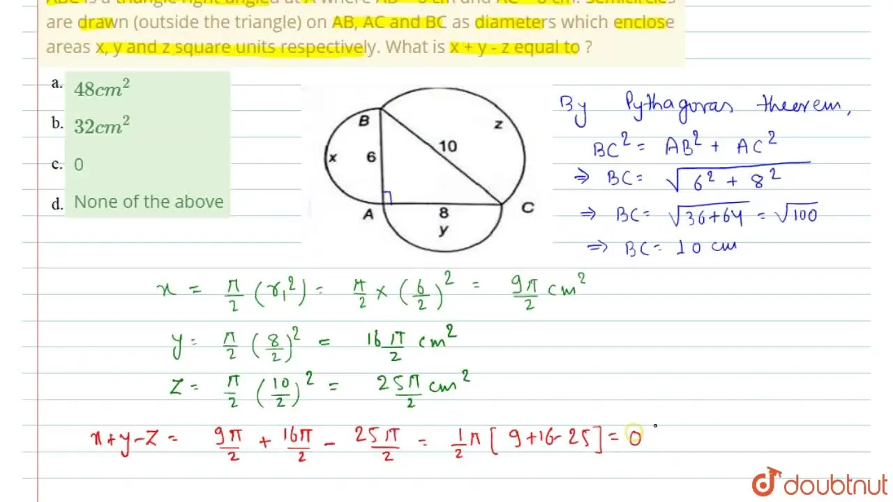 ABC is a triangle right-angled at A where AB = 6 cm and AC = 8 cm. Sem