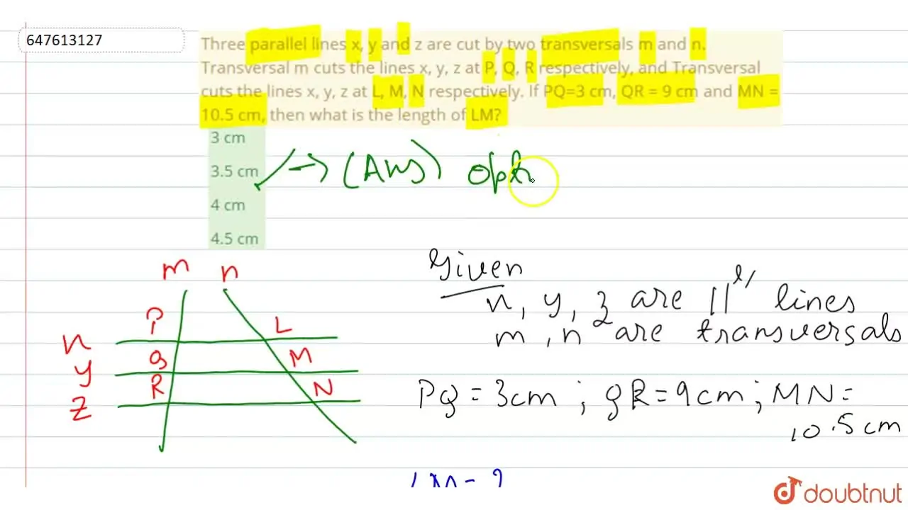 Three parallel lines x, y and z are cut by two transversals m and n. T