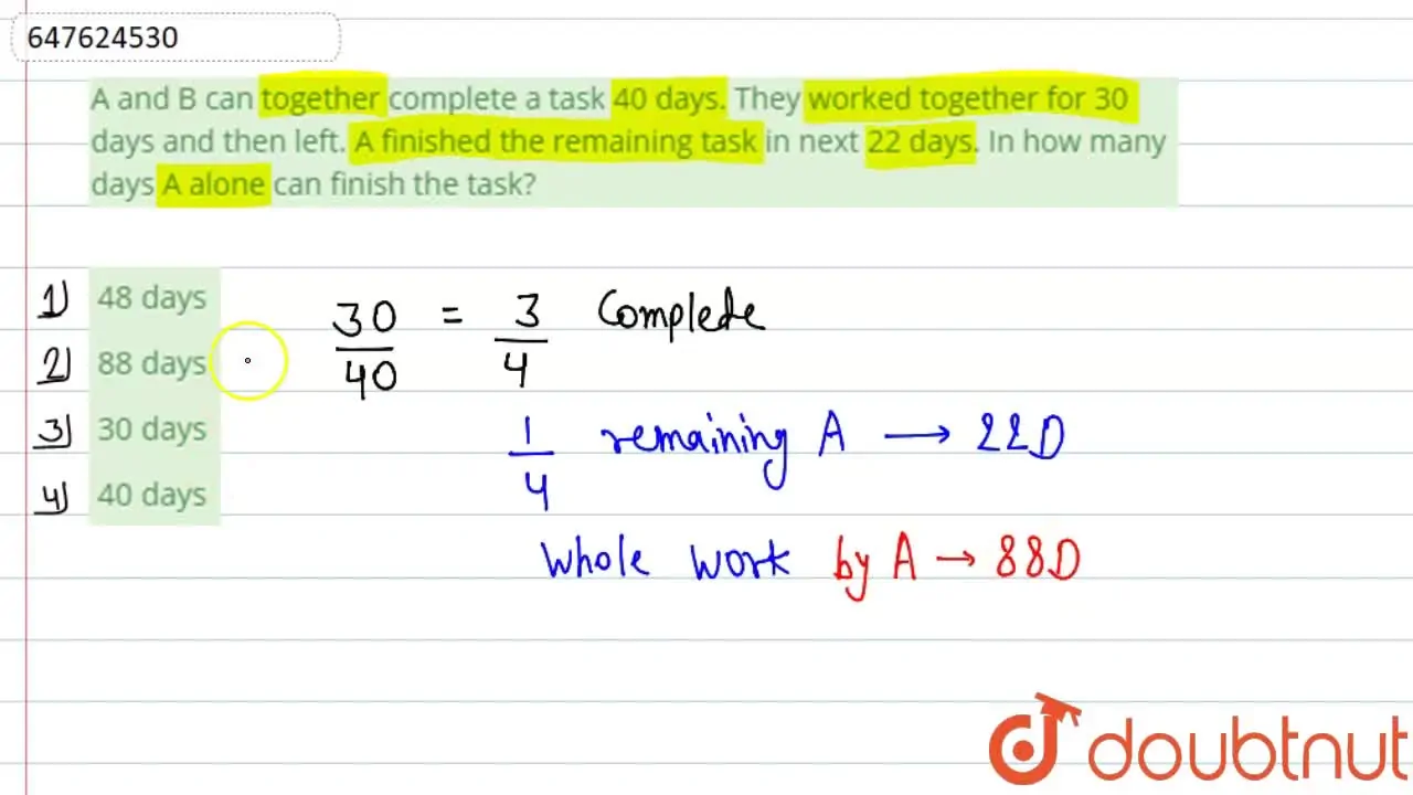 A And B Can Together Complete A Task 40 Days. They Worked Together For