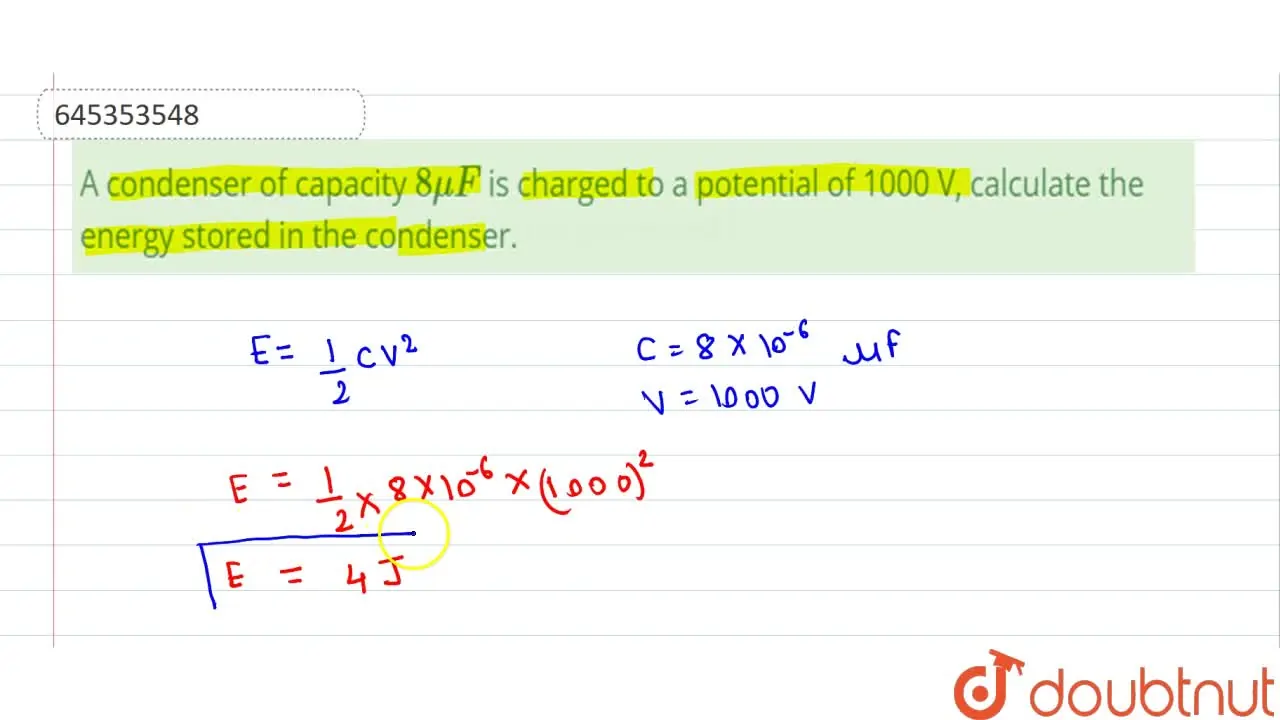 [Marathi] A condenser of capacity 8 mu F is charged to a potential of