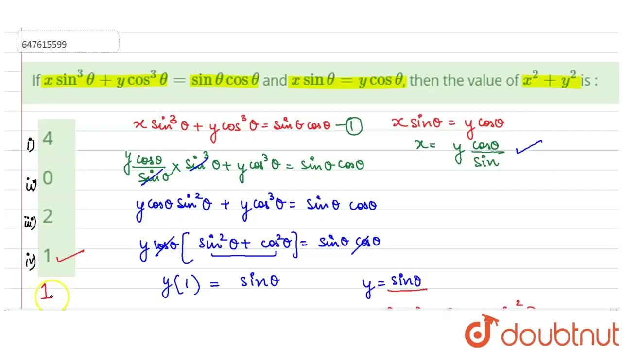 If x sin^(3) theta + y cos^(3) theta = sin theta cos theta and x sin t