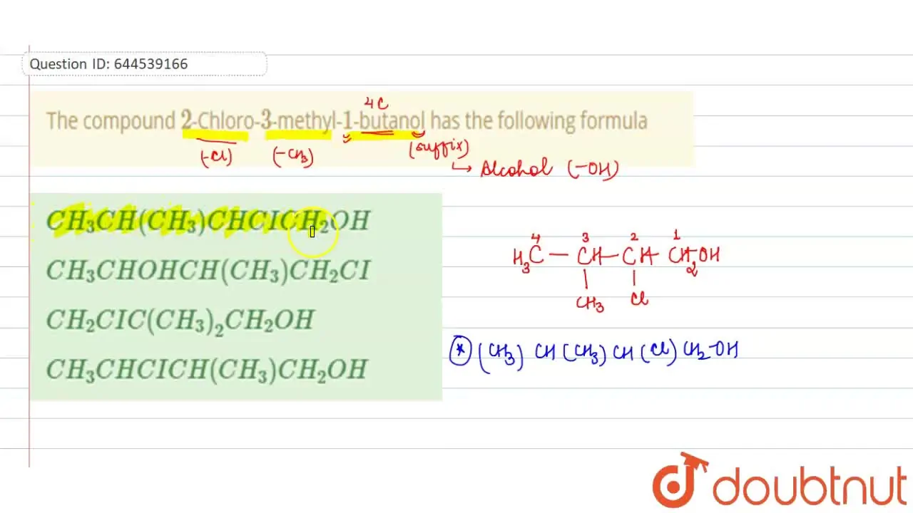 The compound `2`-Chloro-`3`-methyl-`1`-butanol has the following formula