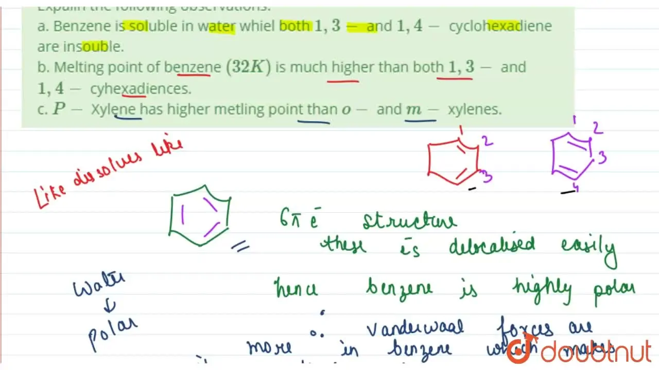 Expalin the following observations: a. Benzene is soluble in water w