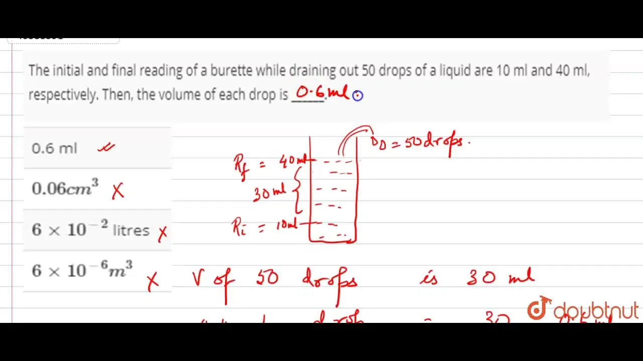 The initial and final reading of a burette while draining out 50 drops