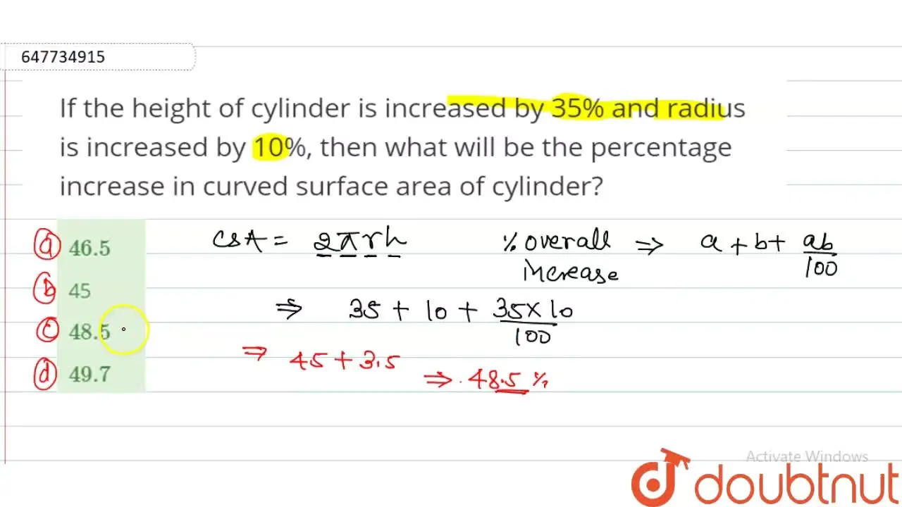 If the height of cylinder is increased by 35 and radius is increased