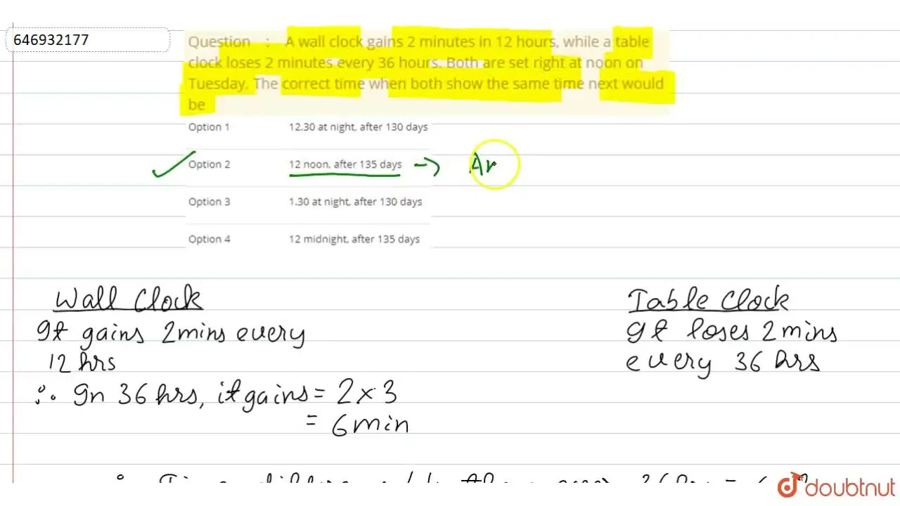 A wall clock gains 2 minutes in 12 hours, while a table clock loses 2