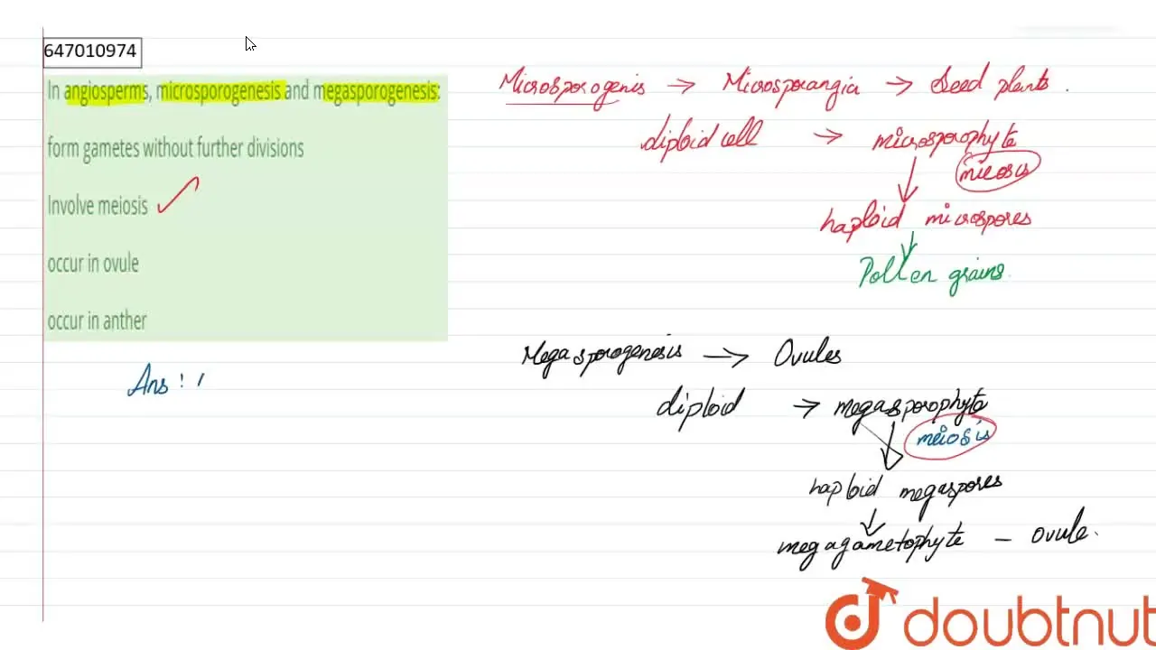 [Tamil Solution] In angiosperms, microsporogenesis and megasporogenesi