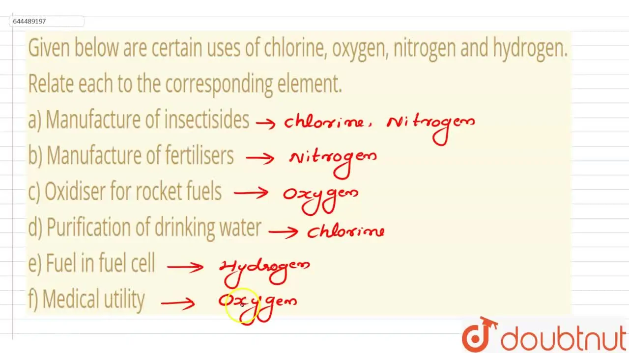 [Malayalam] Given below are certain uses of chlorine, oxygen, nitrogen