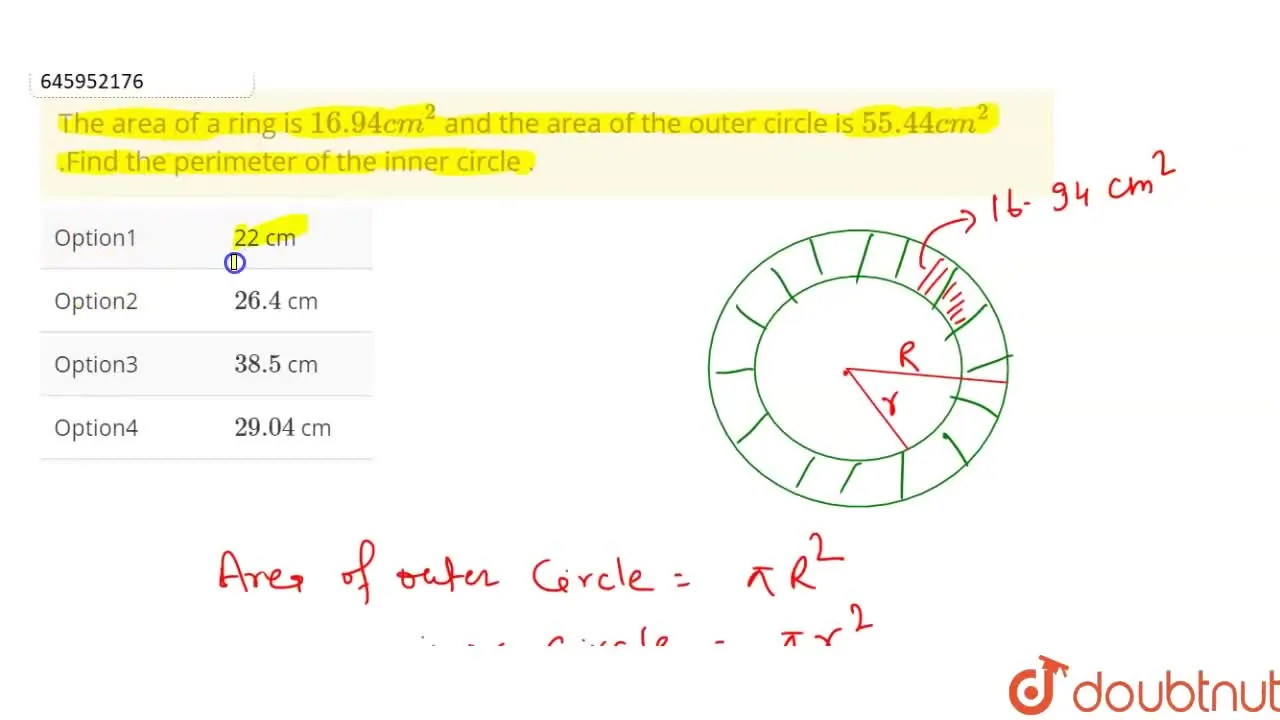 Solved: wea or t 233 s. The area of a circular ring is 942.6 sq cm and the  radius of the larger ci [geometry]