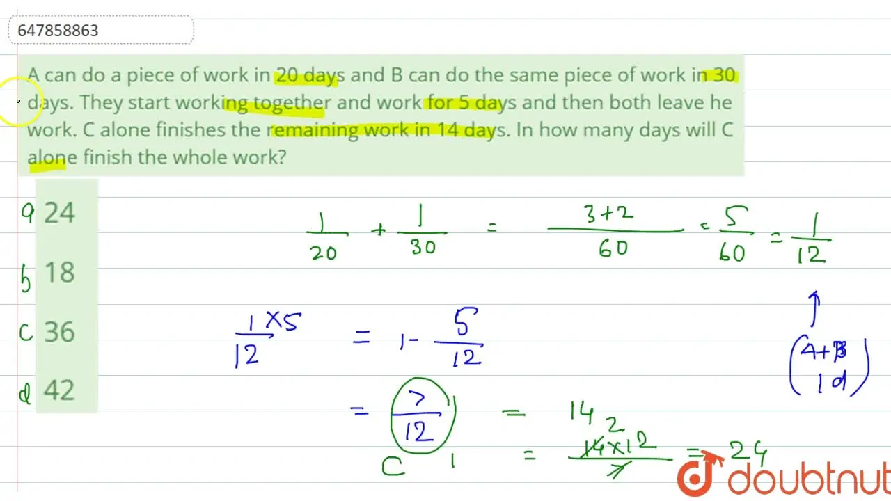 A Can Do A Piece Of Work In 20 Days And B Can Do The Same Piece Of Wor