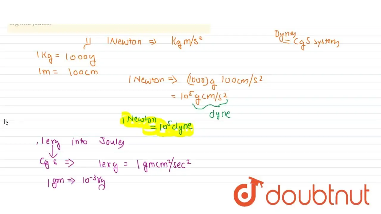Using dimensions convert (a) 1 newton into dynes (b) 1 erg into joules