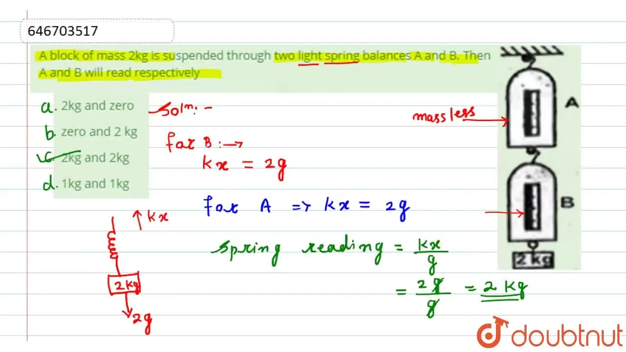 A block of mass 2kg is suspended through two light spring balances A a