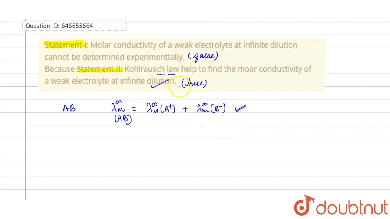 StatementI Molar conductivity of a weak electrolyte at infinite dilu