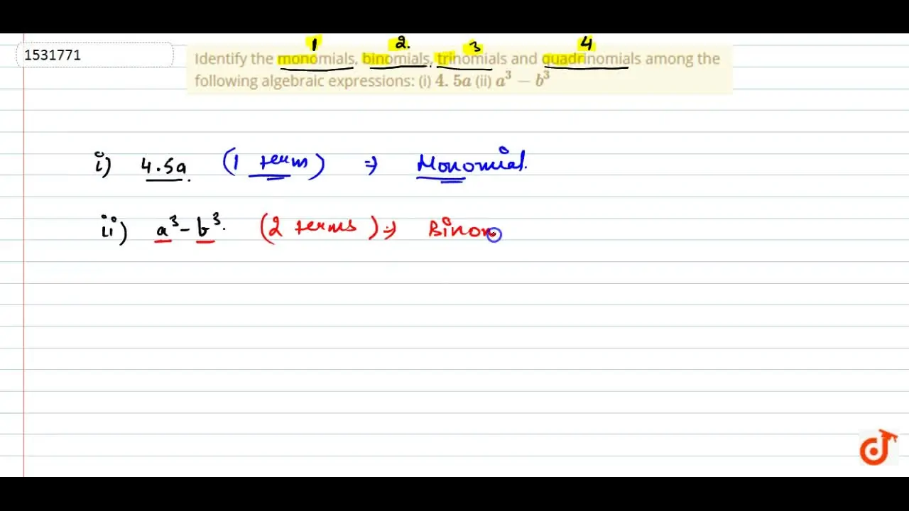 Identify The Monomials Binomials Trinomials And Quadrinomials Amon 5103