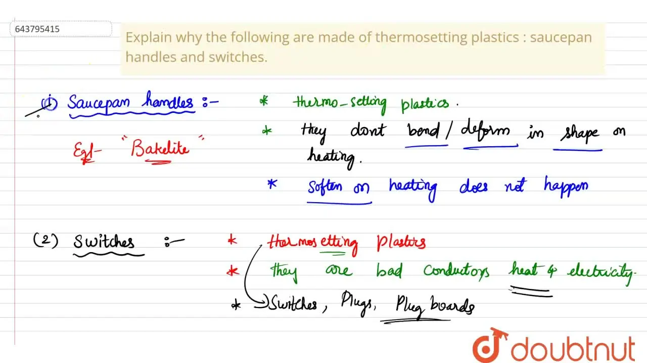 [Telugu] Explain why the following are made of thermosetting plastics