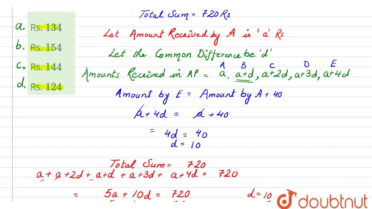 Rs. 720 Was Divided Among A, B, C, D, E. The Sum Received By Them Was