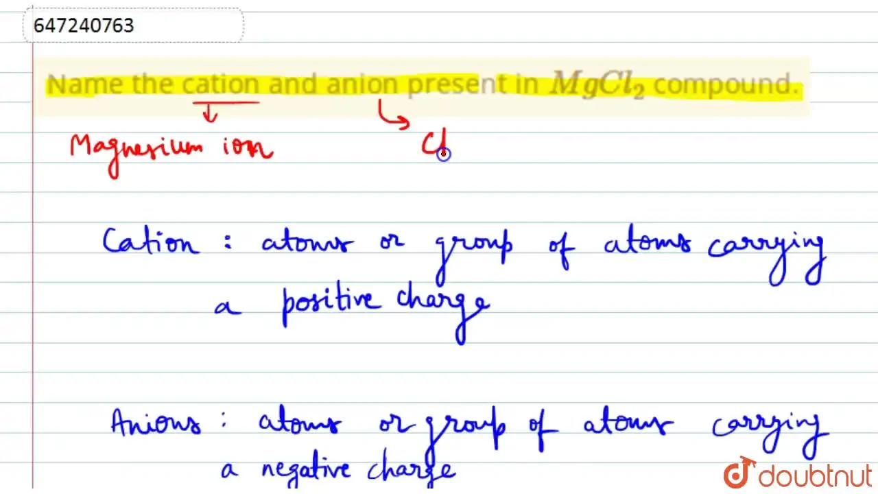 Name the cation and anion present in MgCl2 compound.
