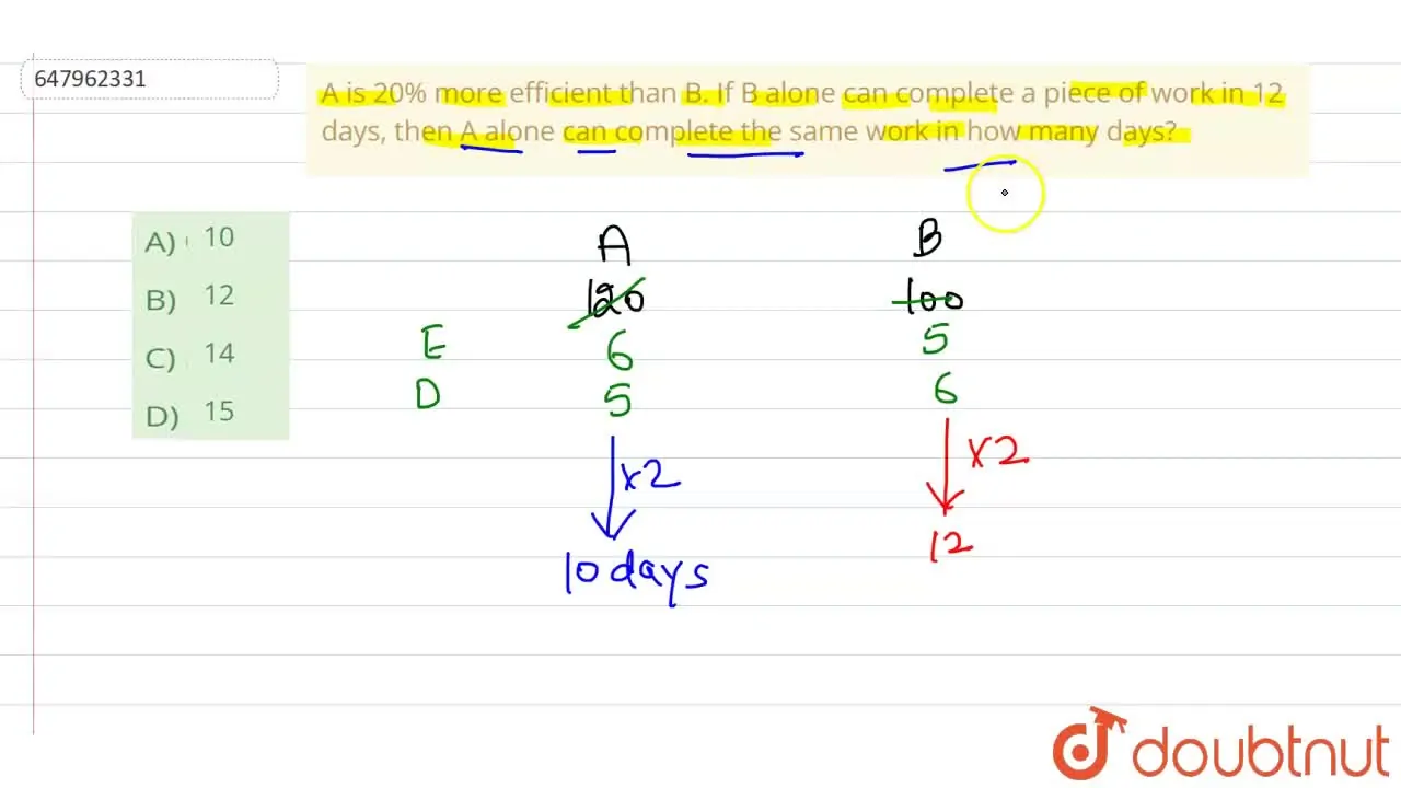 A Is 20% More Efficient Than B. If B Alone Can Complete A Piece Of Wor