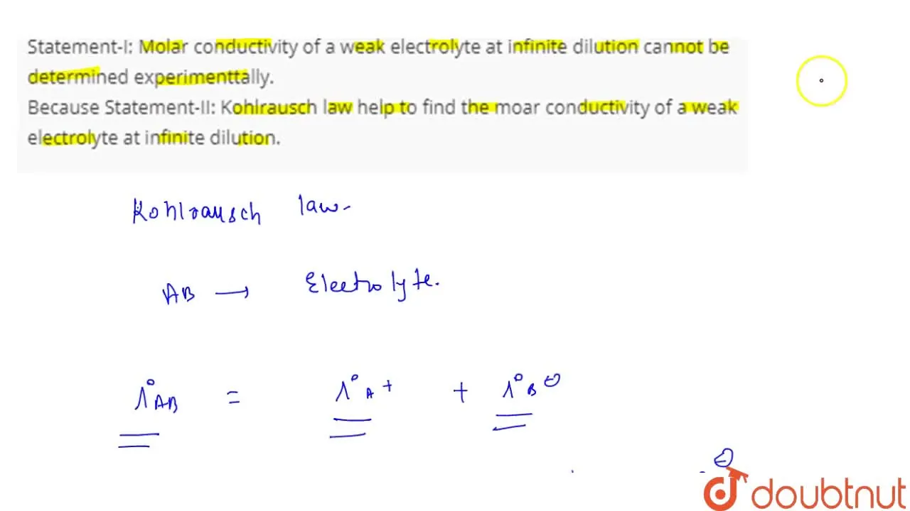 Statement-I: Molar conductivity of a weak electrolyte at infinite dilu