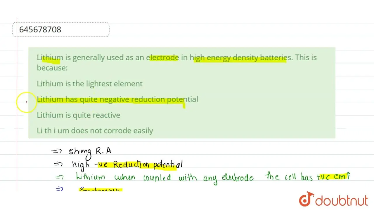 [Malayalam] Lithium is generally used as an electrode in high energy d