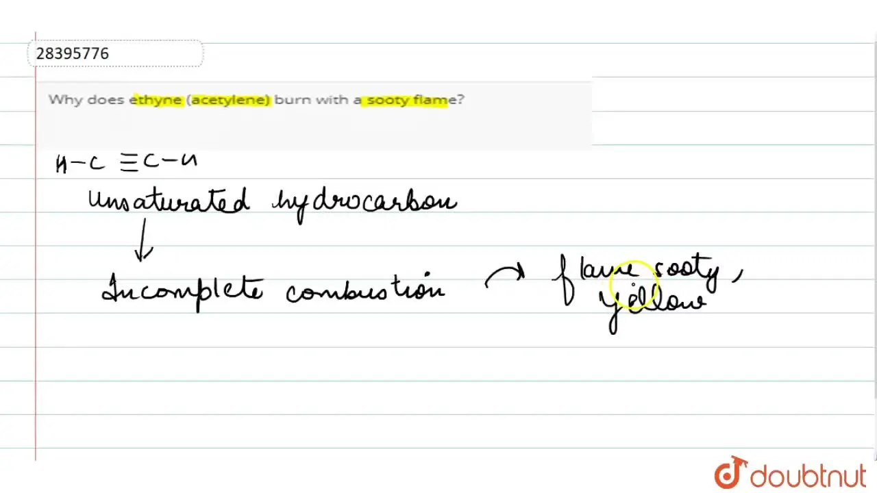 Why does ethyne (acetylene) burn with a sooty flame?