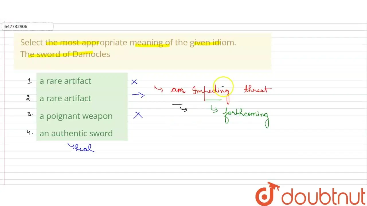 Select the most appropriate meaning of the given idiom. The sword of  Damocles
