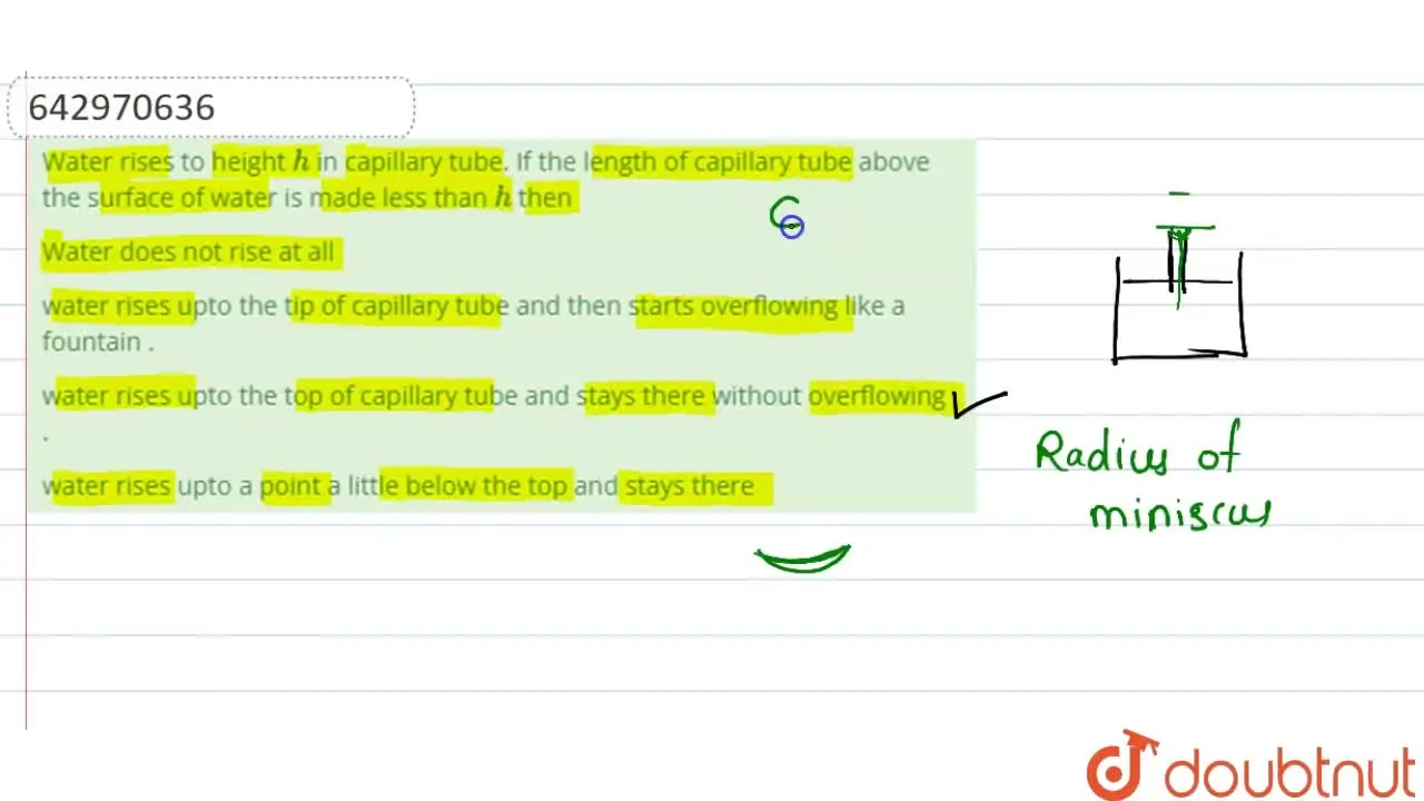 [Marathi] water rises upto the top of capillary tube and stays there w