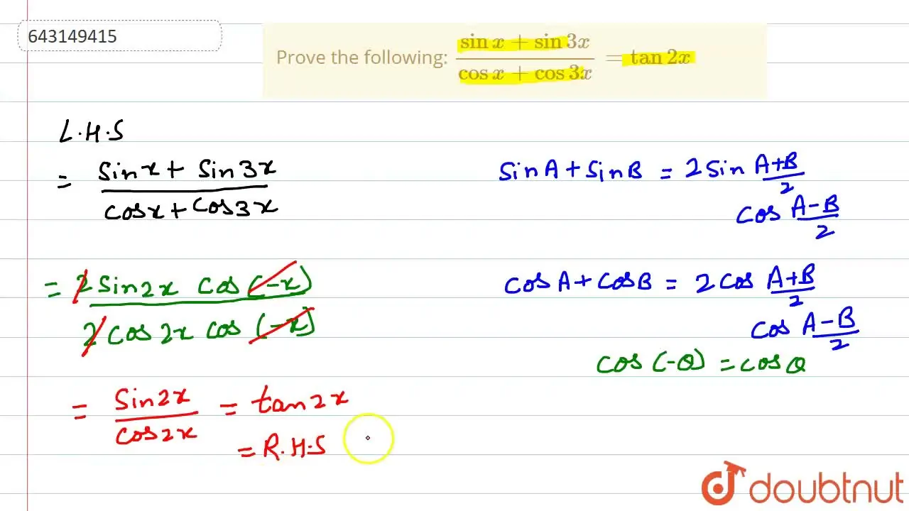 [Punjabi] Prove the following: (sinx + sin3x)/(cosx + cos3x)=tan 2x