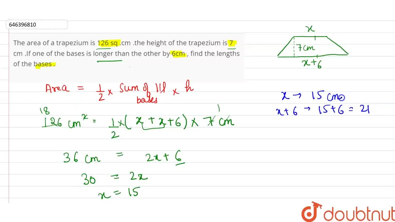 The area of a trapezium is 126 sq .cm .the height of the trapezium is