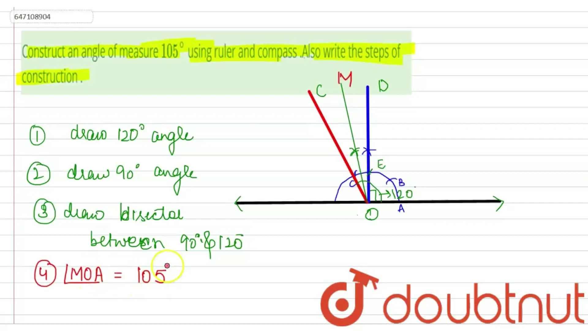 Draw the following angles using ruler and compasses. Also label them. 45^{o}