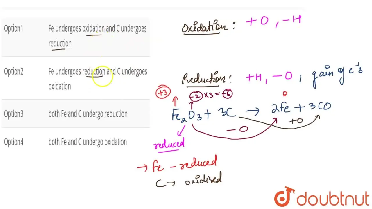 Fe_2O_3 + 3C to 2Fe + 3CO`, in this reaction
