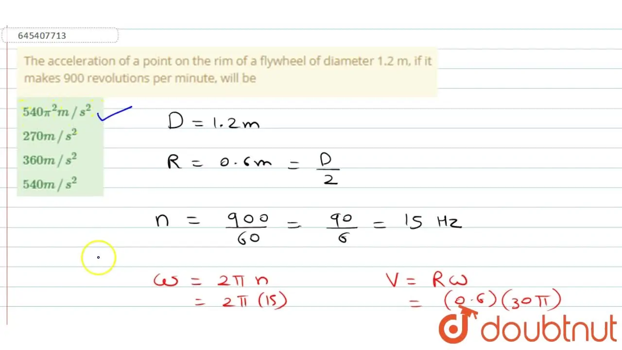 [Marathi] The acceleration of a point on the rim of a flywheel of diam