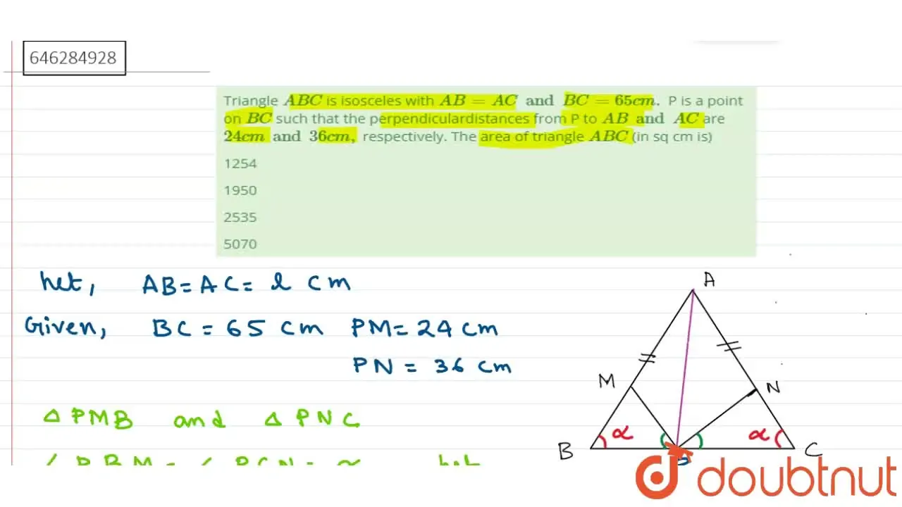 [Bengali] Triangle ABC is isosceles with AB=AC and BC=65cm. P is a poi