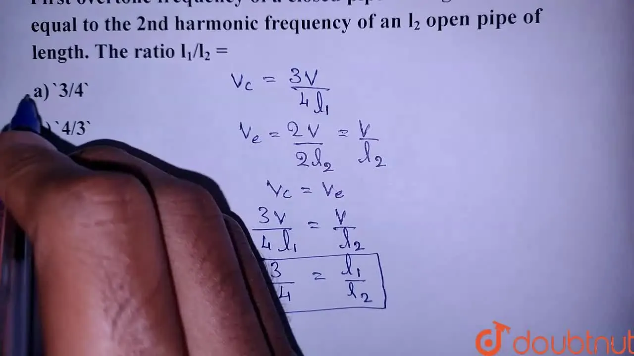 [Kannada] First overtone frequency of a closed pipe of length l1 is e