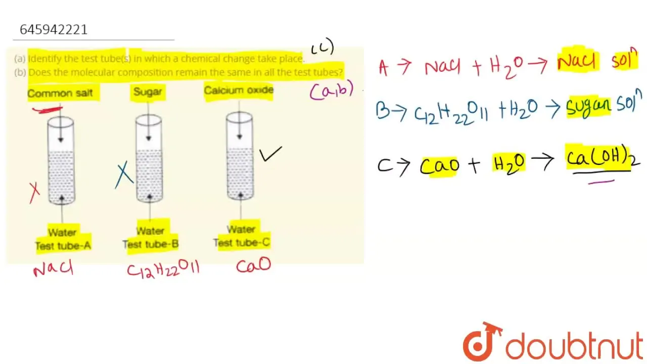 (a) Identify the test tube(s) in which a chemical change take place.