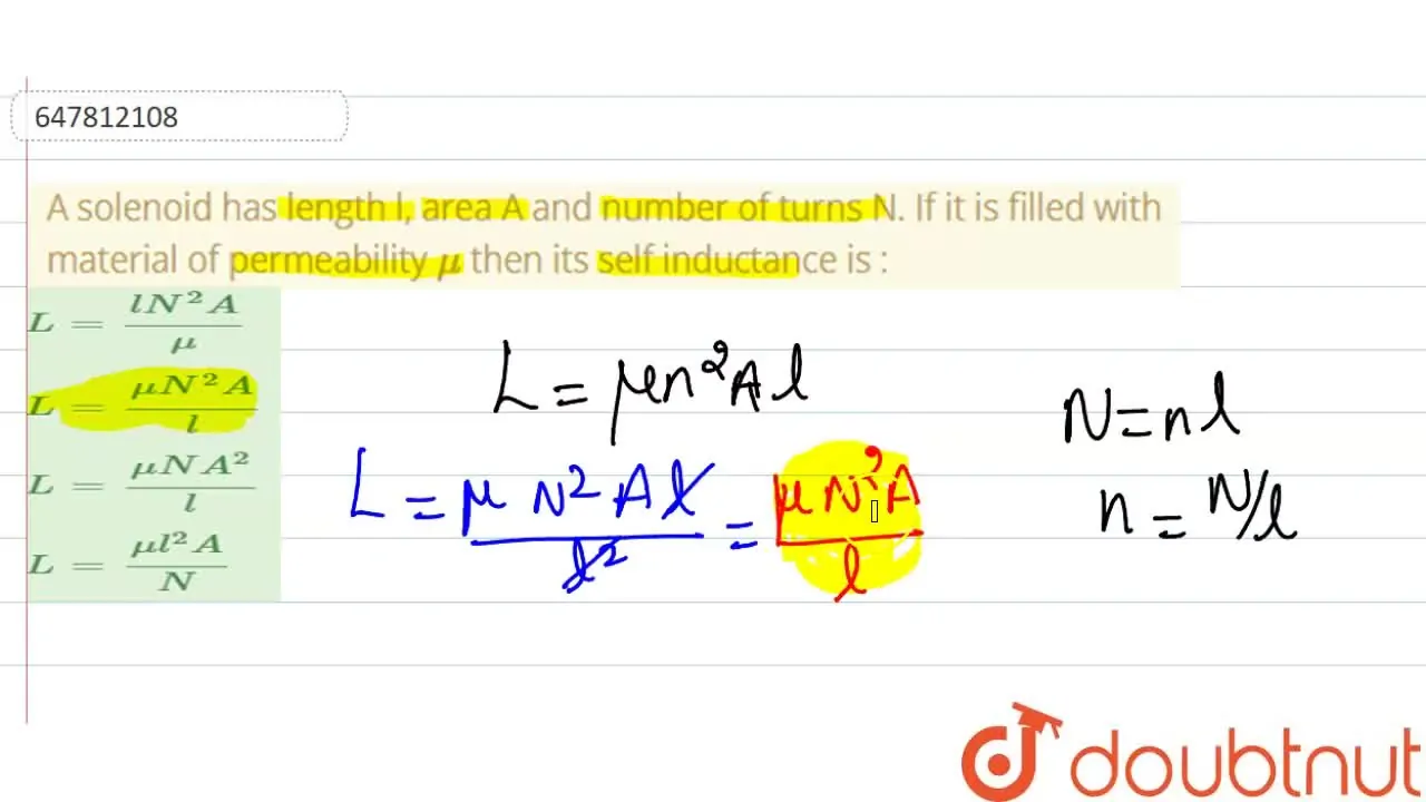 [Tamil] A solenoid has length l, area A and number of turns N. If it i
