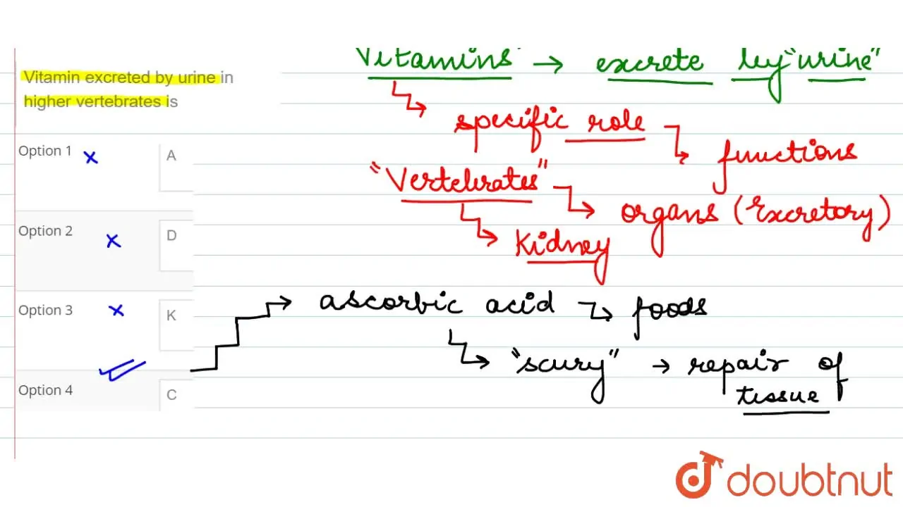 Vitamin excreted by urine in higher vertebrates is