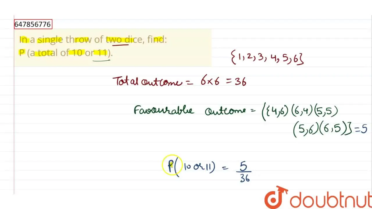 [Punjabi] In a single throw of two dice, find P (a total of 10 or 1