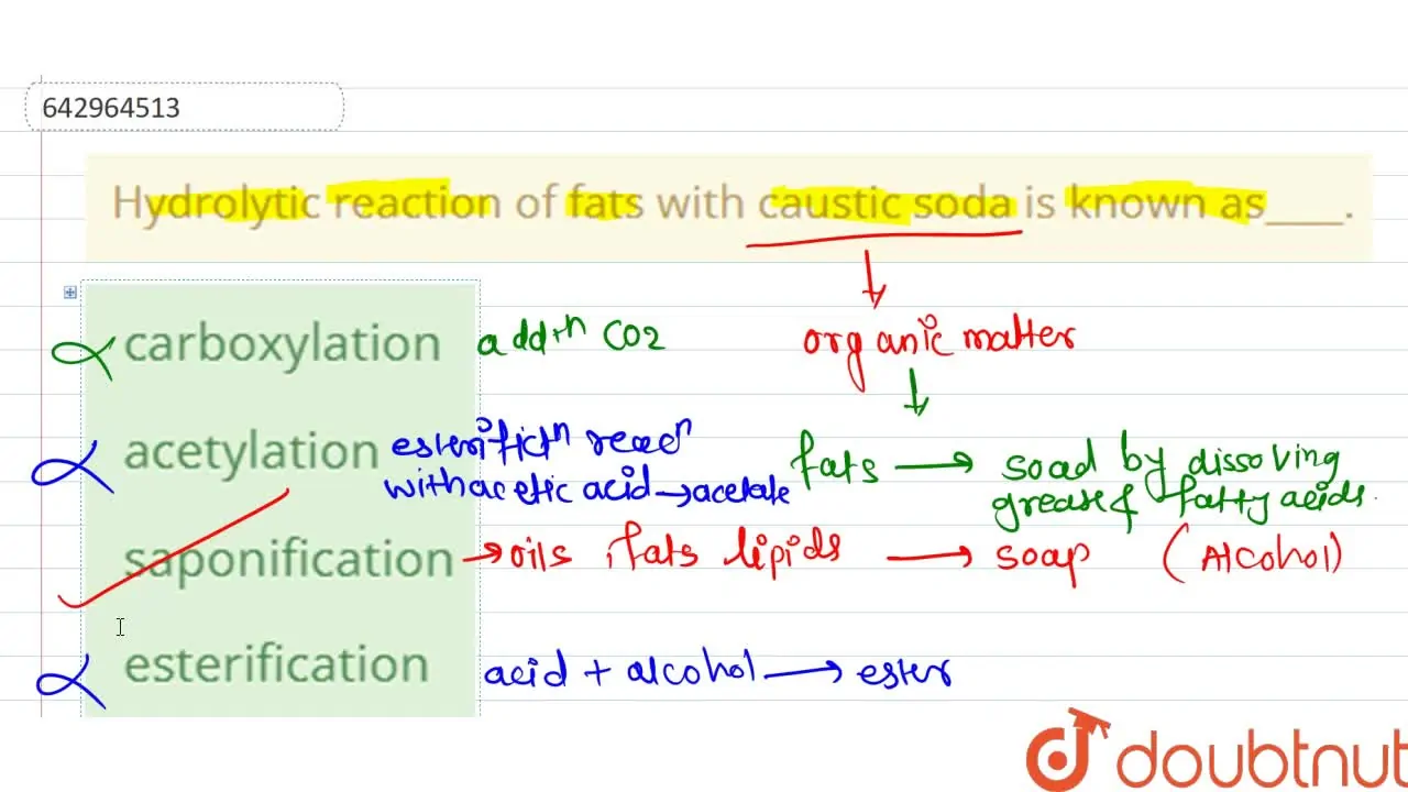[Marathi] Hydrolytic reaction of fats with caustic soda is known as.