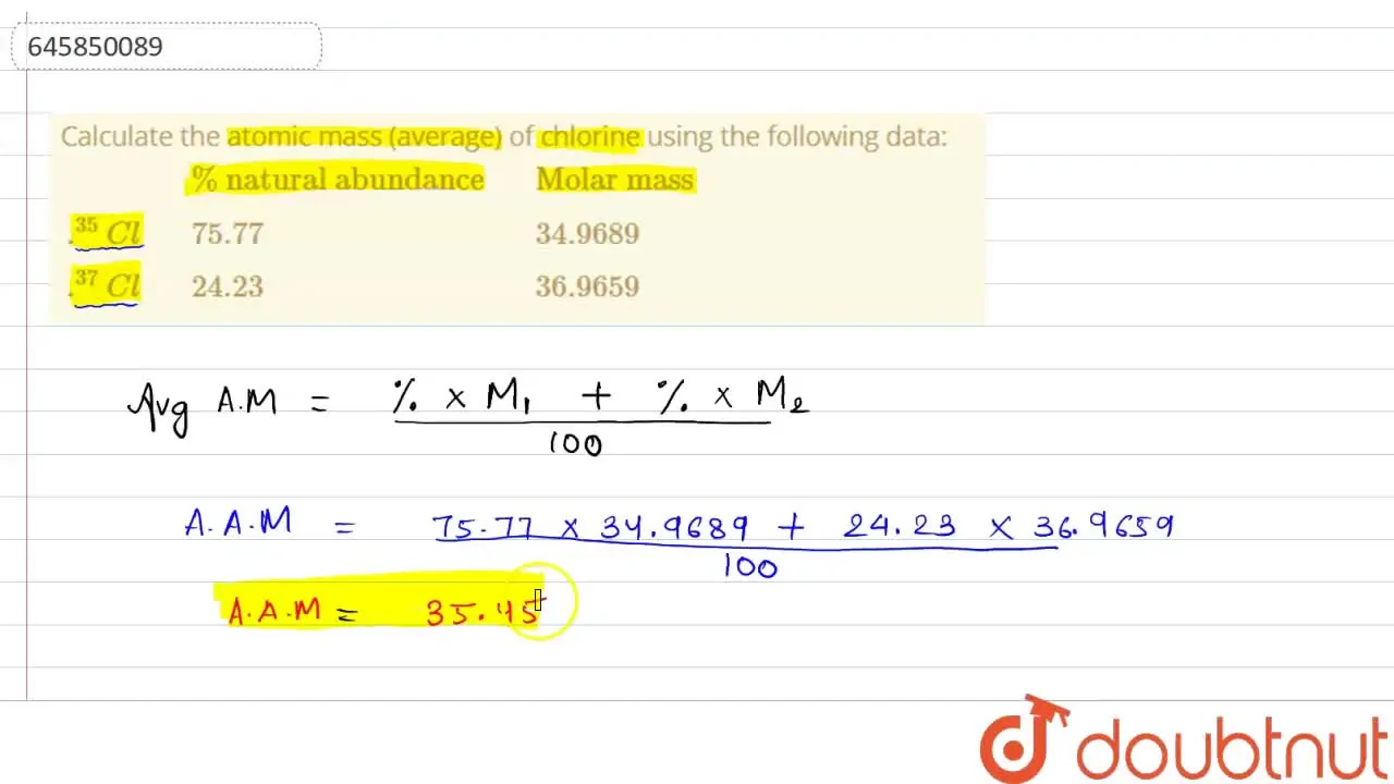 [Gujrati] Calculate the atomic mass (average) of chlorine using the fo