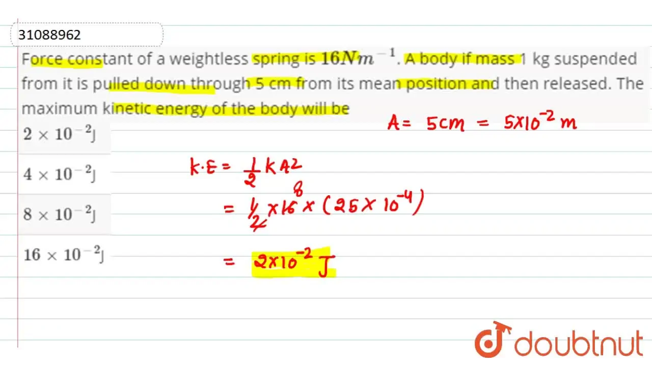 Force constant of a weightless spring is 16 Nm^(1). A body if mass 1